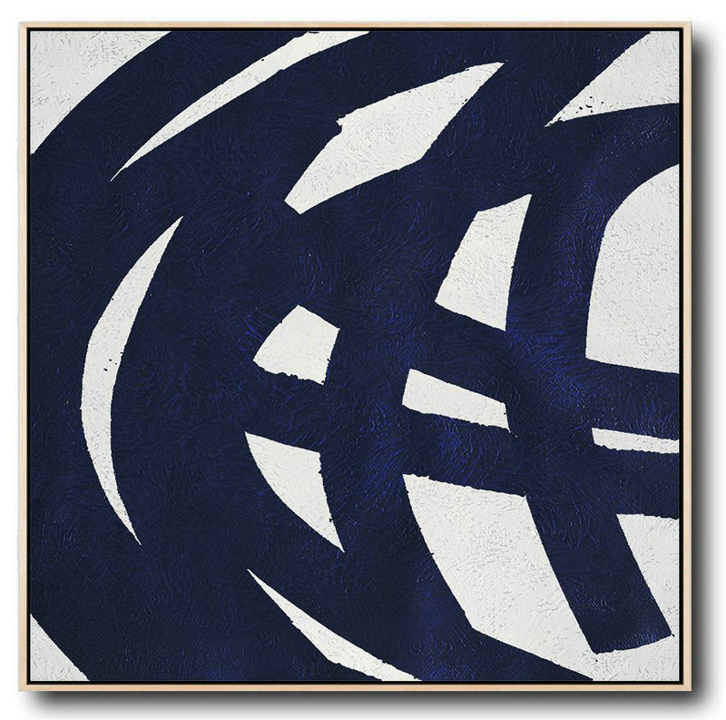 Minimalist Navy Blue And White Painting,Acrylic Painting On Canvas #O1Q2